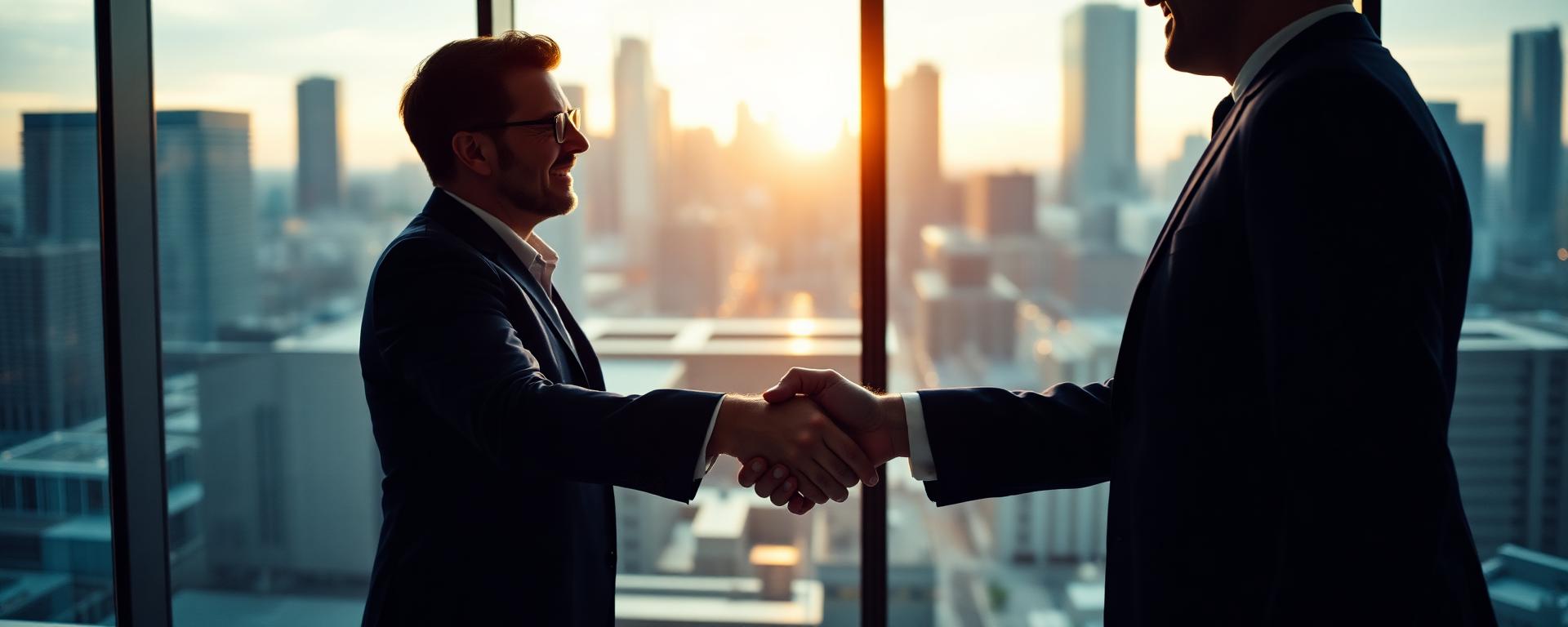 Handschlag zweier Geschäftspartner vor Skyline — strategische Partnerschaft